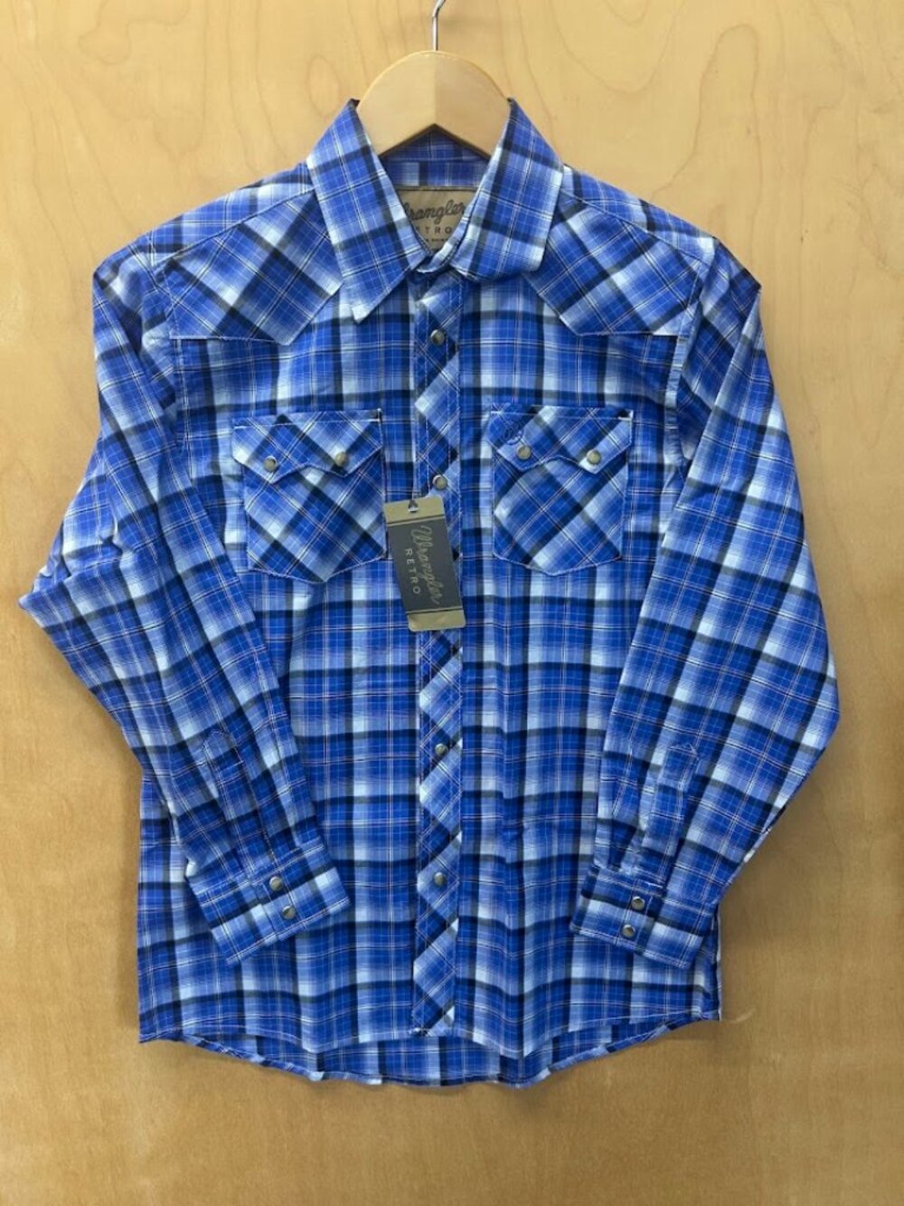 Boy's Wrangler Retro Blue Plaid Western Snap Long Sleeve Shirt Size Large 10-12